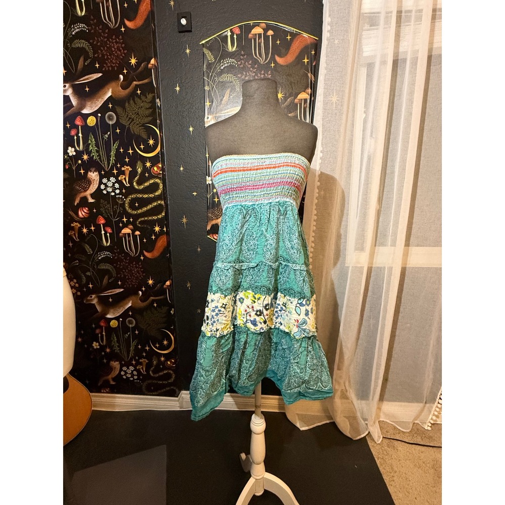 Blue Plate Boho Paisley Floral Smocked Tiered Skirt Strapless Dress Teal Small